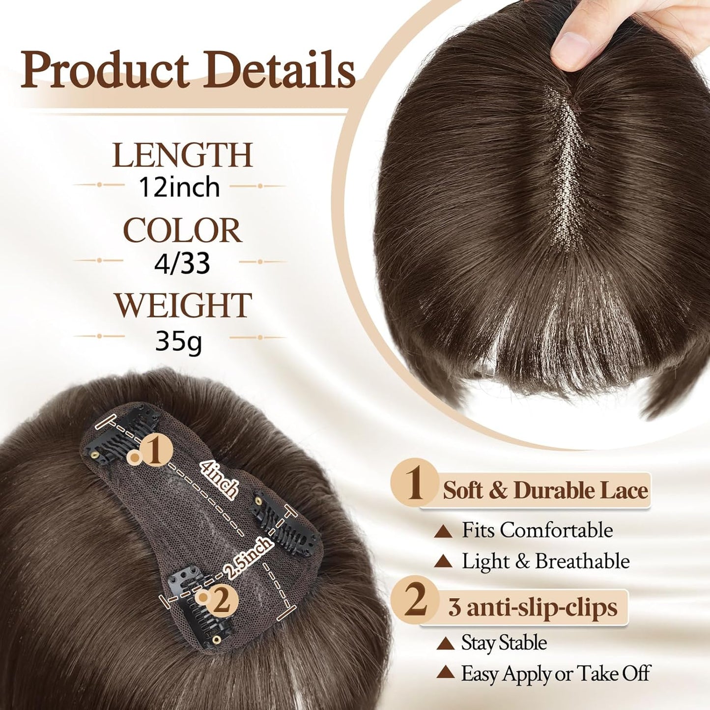 100% Human Hair Toppers for Women Adding Hair Volume Topper with Bangs 12 inches Invisible